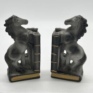 Vintage Japan Horse Bookends Black Gold Gray Ceramic Mid Century Set